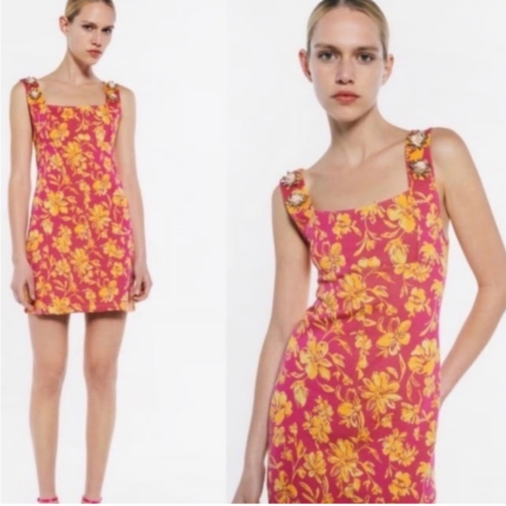 Zara Floral Pink and Yellow Dress w/ embellishment